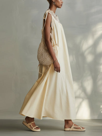 Pale Yellow Lace Tie Sleeveless Maxi Dress