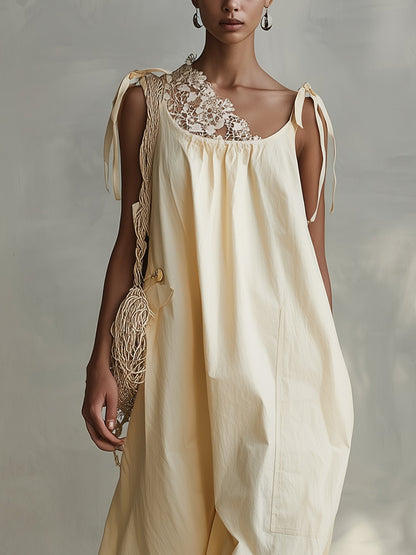 Pale Yellow Lace Tie Sleeveless Maxi Dress