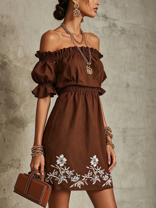 Off-Shoulder Brown Embroidered Mini Dress With Puff Sleeves