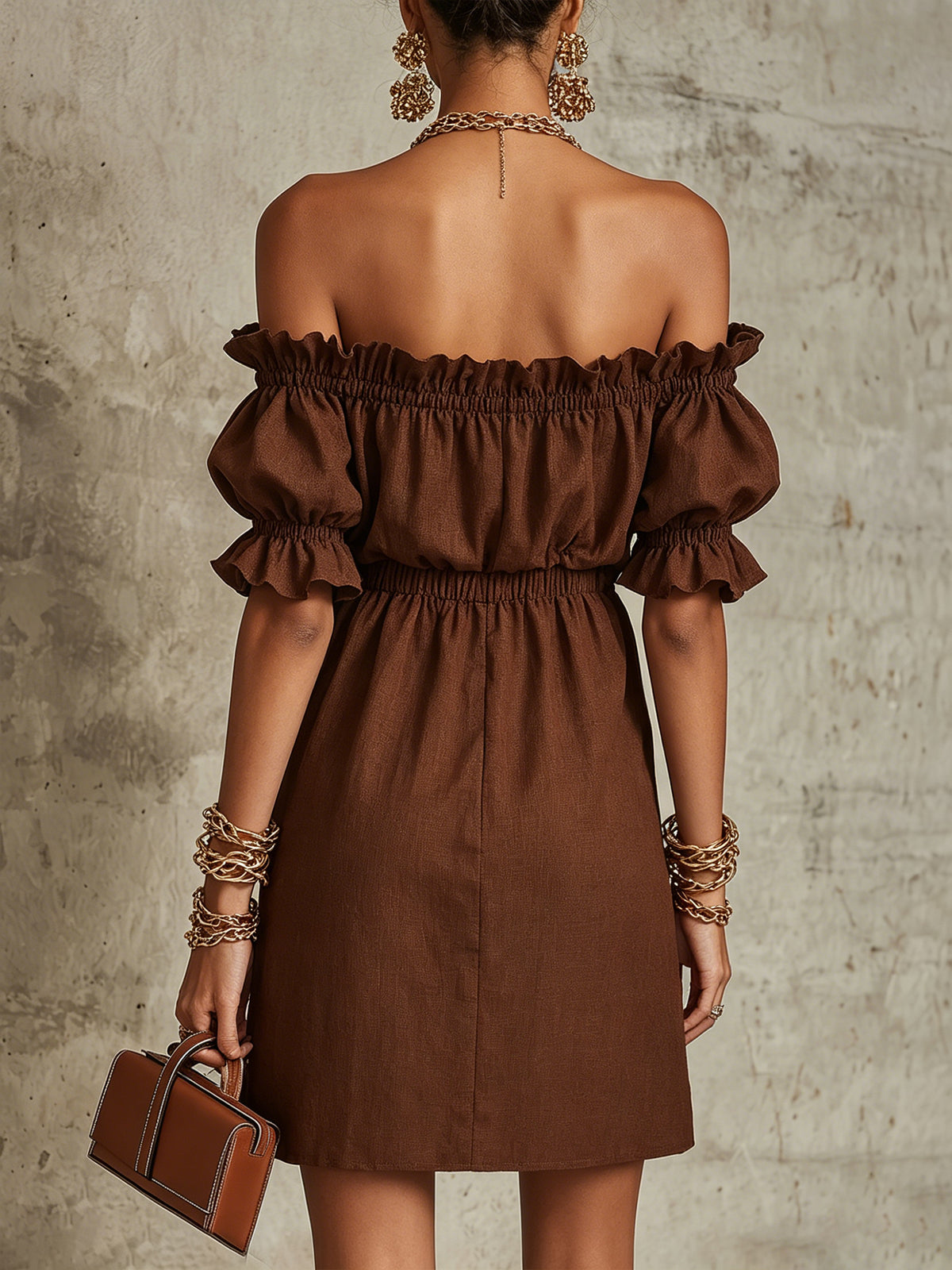 Off-Shoulder Brown Embroidered Mini Dress With Puff Sleeves