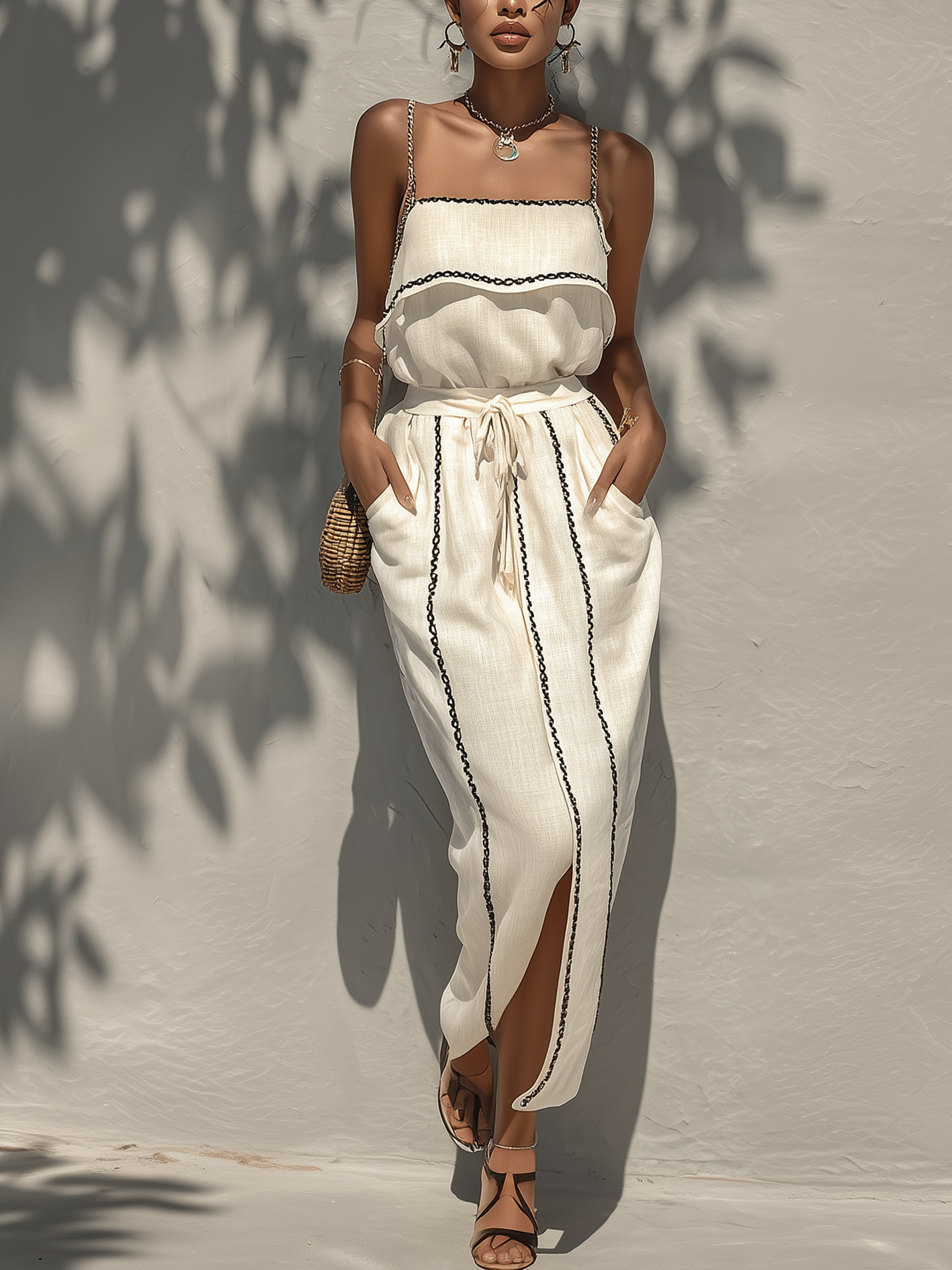 White Cotton Linen Two-Piece Set With Black Trim