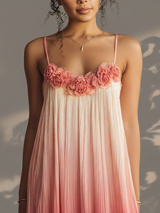 Gradient Pink 3D Floral Pleated Chiffon Mini Dress