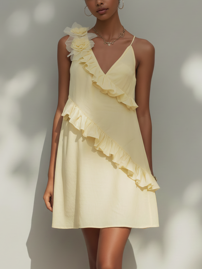 Light Yellow Cotton Linen Ruffled Mini Dress With 3D Flower Detail
