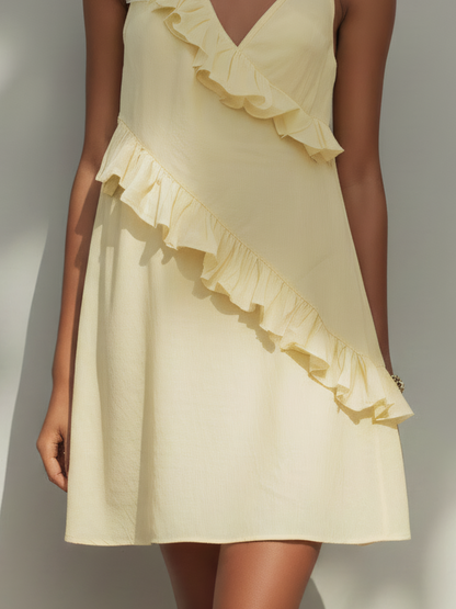 Light Yellow Cotton Linen Ruffled Mini Dress With 3D Flower Detail