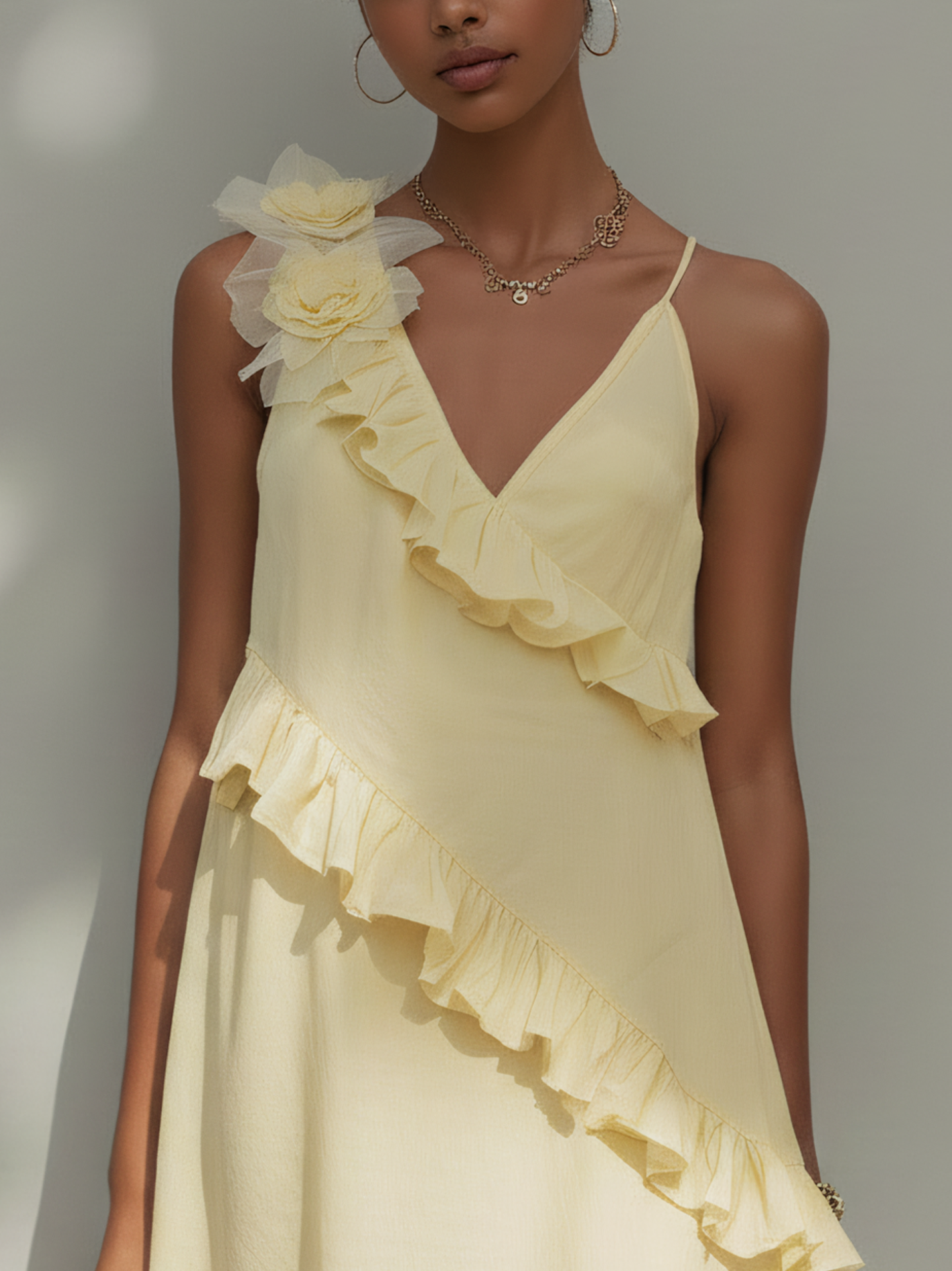 Light Yellow Cotton Linen Ruffled Mini Dress With 3D Flower Detail
