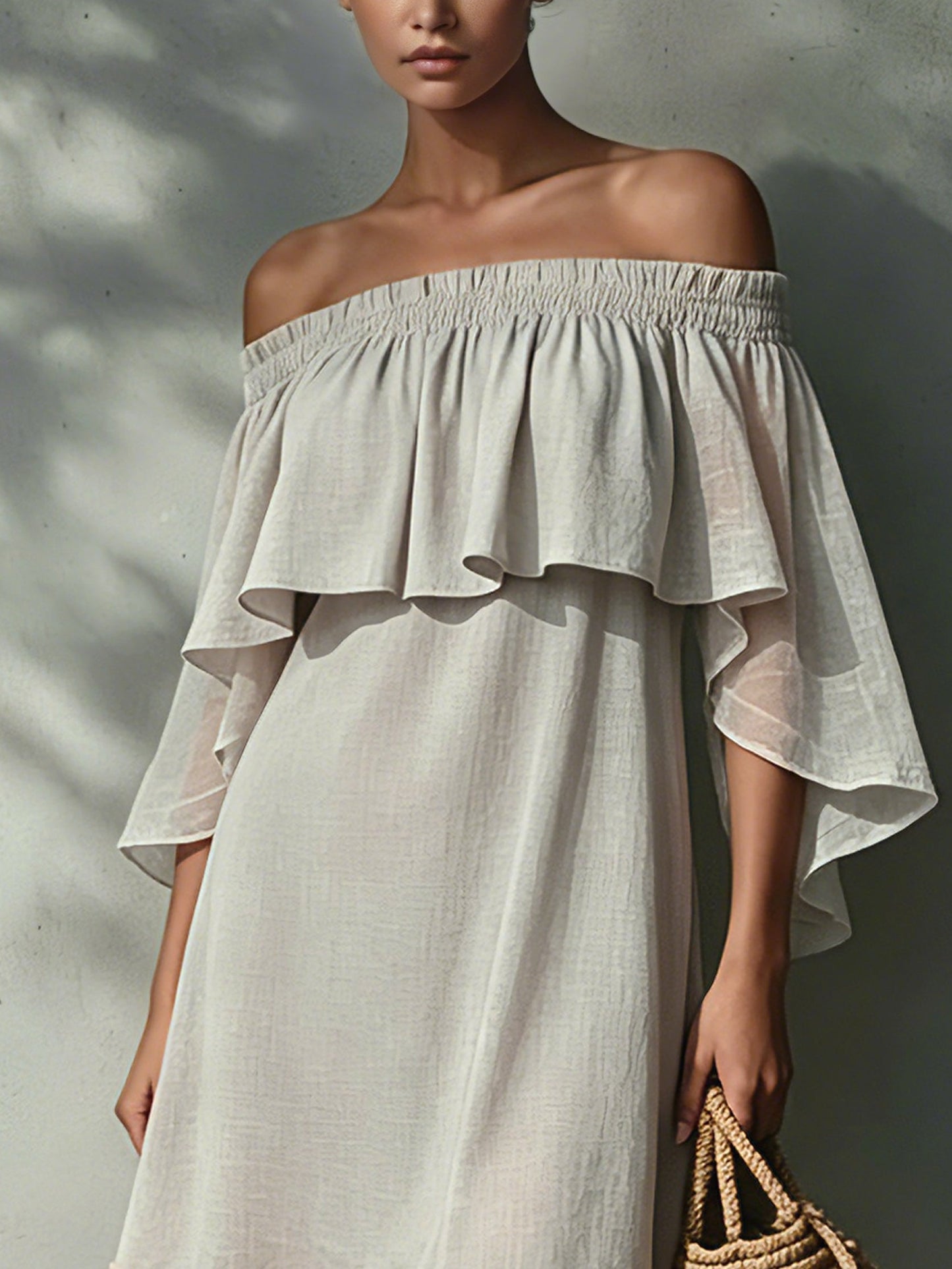 Light Gray  Linen Mini Dress With Pink Tassels