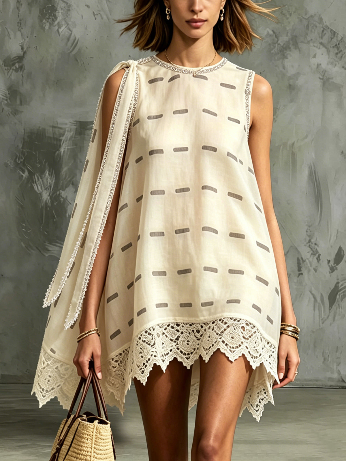 Ivory Sleeveless A-Line Mini Dress With Lace Hem