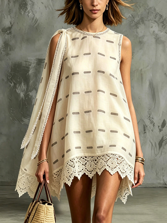 Ivory Sleeveless A-Line Mini Dress With Lace Hem