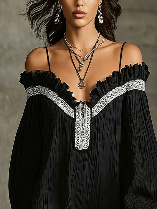 Black Off-Shoulder Mini Dress With Lace Trim And Puff Sleeves