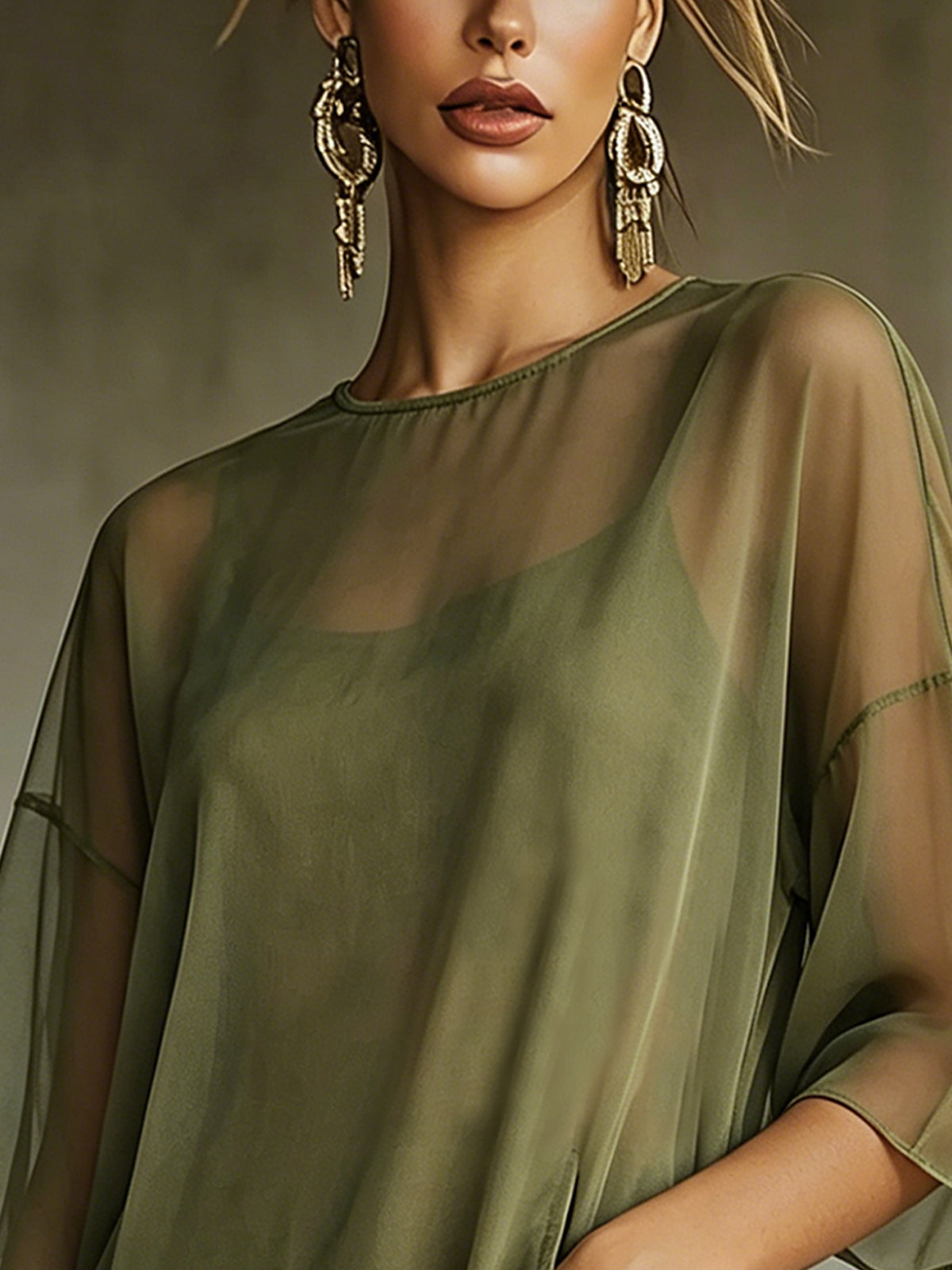 Olive Chiffon Mini Dress With Fringe Hem And Half Sleeves