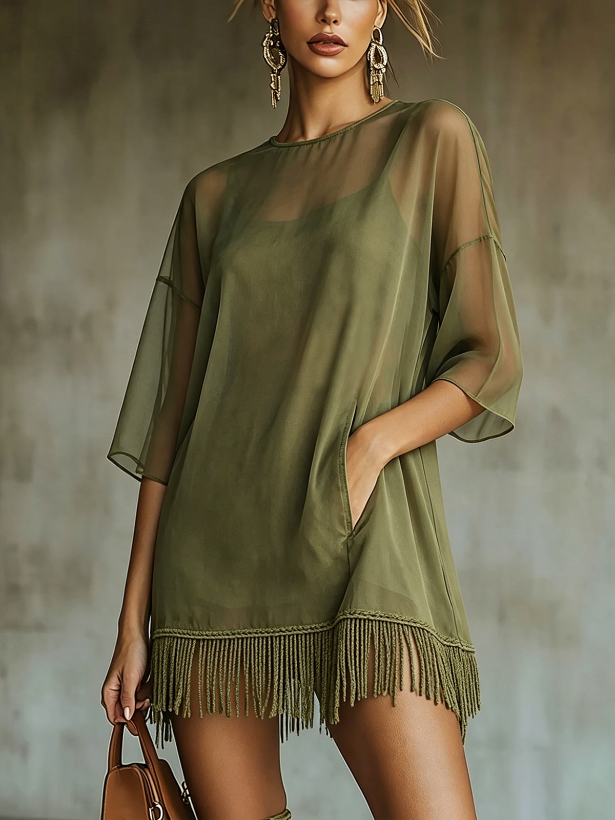 Olive Chiffon Mini Dress With Fringe Hem And Half Sleeves