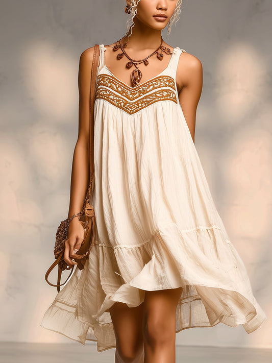 Beige Embroidered Linen Mini Dress