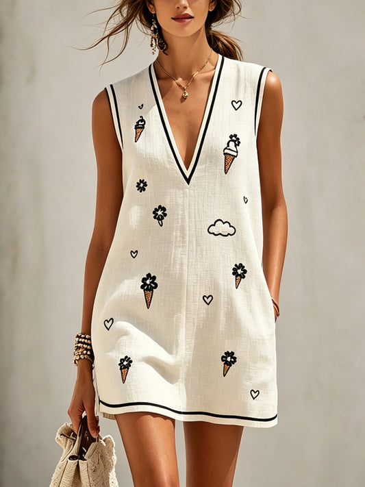 White Deep V-Neck Sleeveless Mini Dress with Embroidered