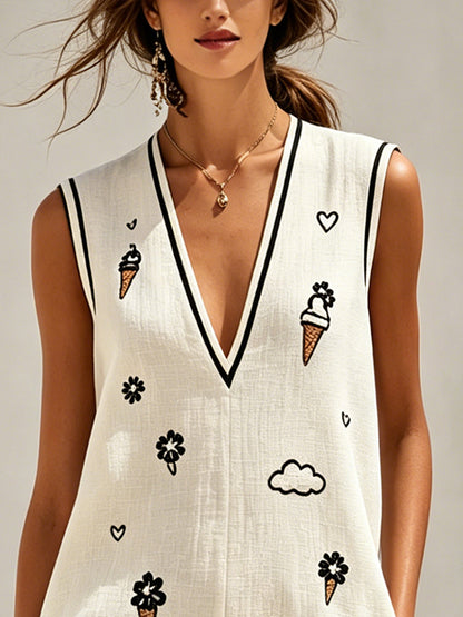 White Deep V-Neck Sleeveless Mini Dress with Embroidered