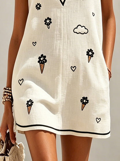 White Deep V-Neck Sleeveless Mini Dress with Embroidered