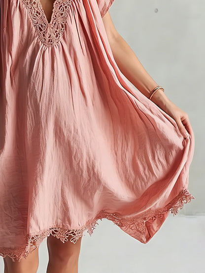 Blush Linen Loose Mini Lace Trim Dress