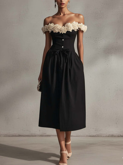 Black Off Shoulder Floral Neckline Midi Dress