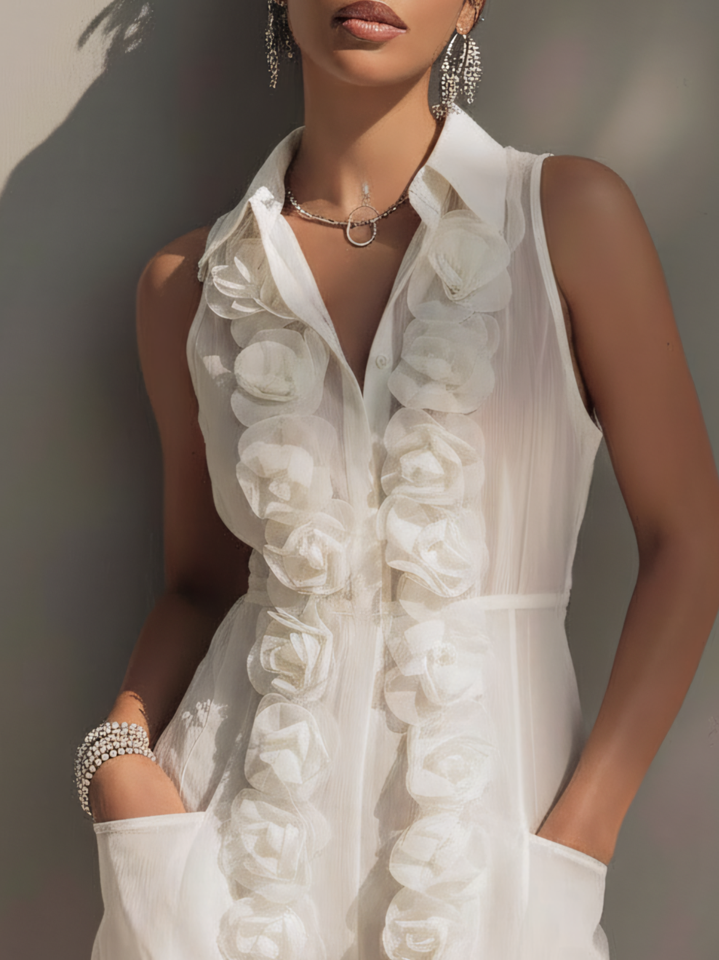 White Cotton Linen Sleeveless Romper With 3D Floral