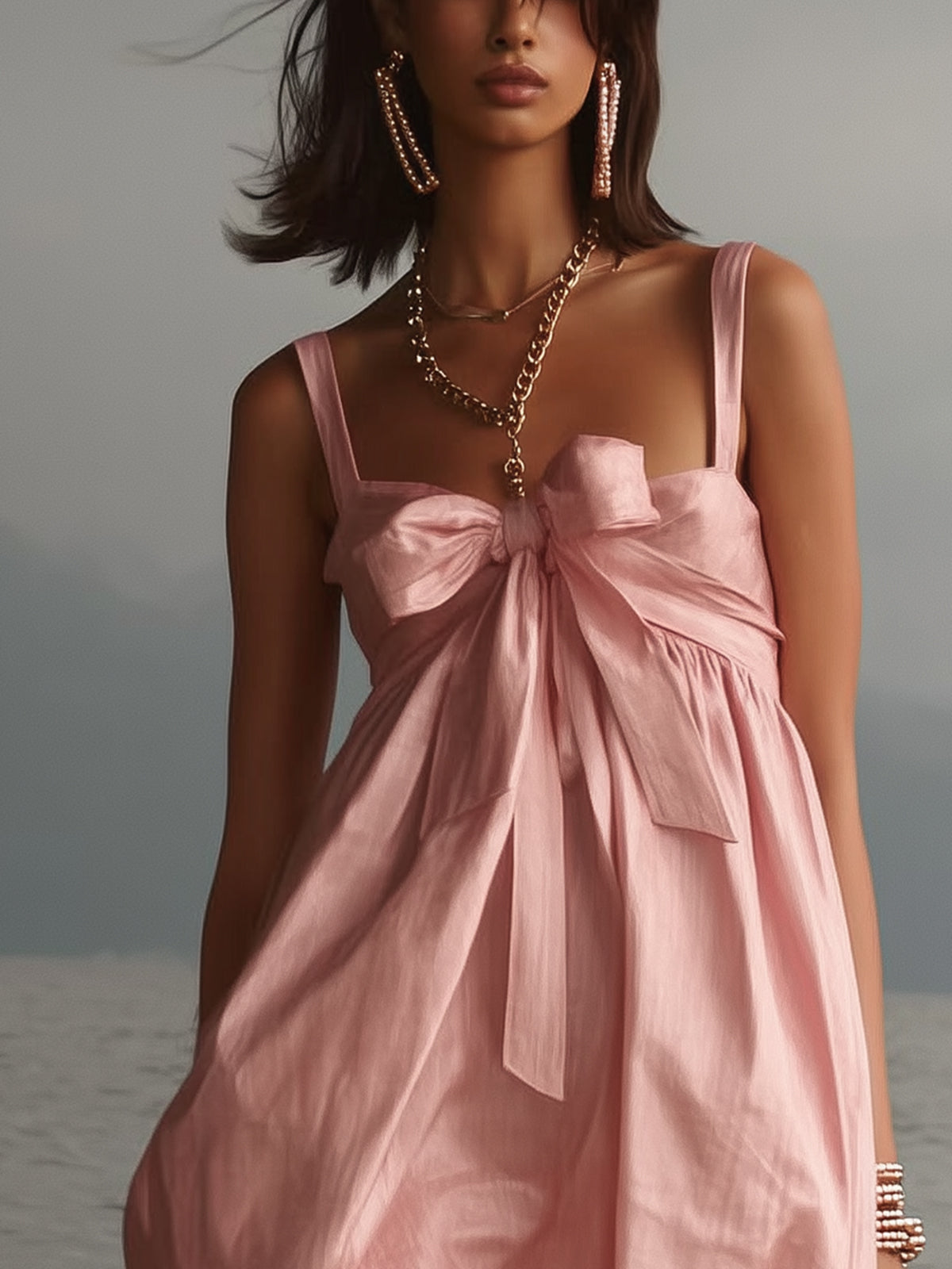 Pink Bow Front Bubble Mini Dress With Ruched Hem