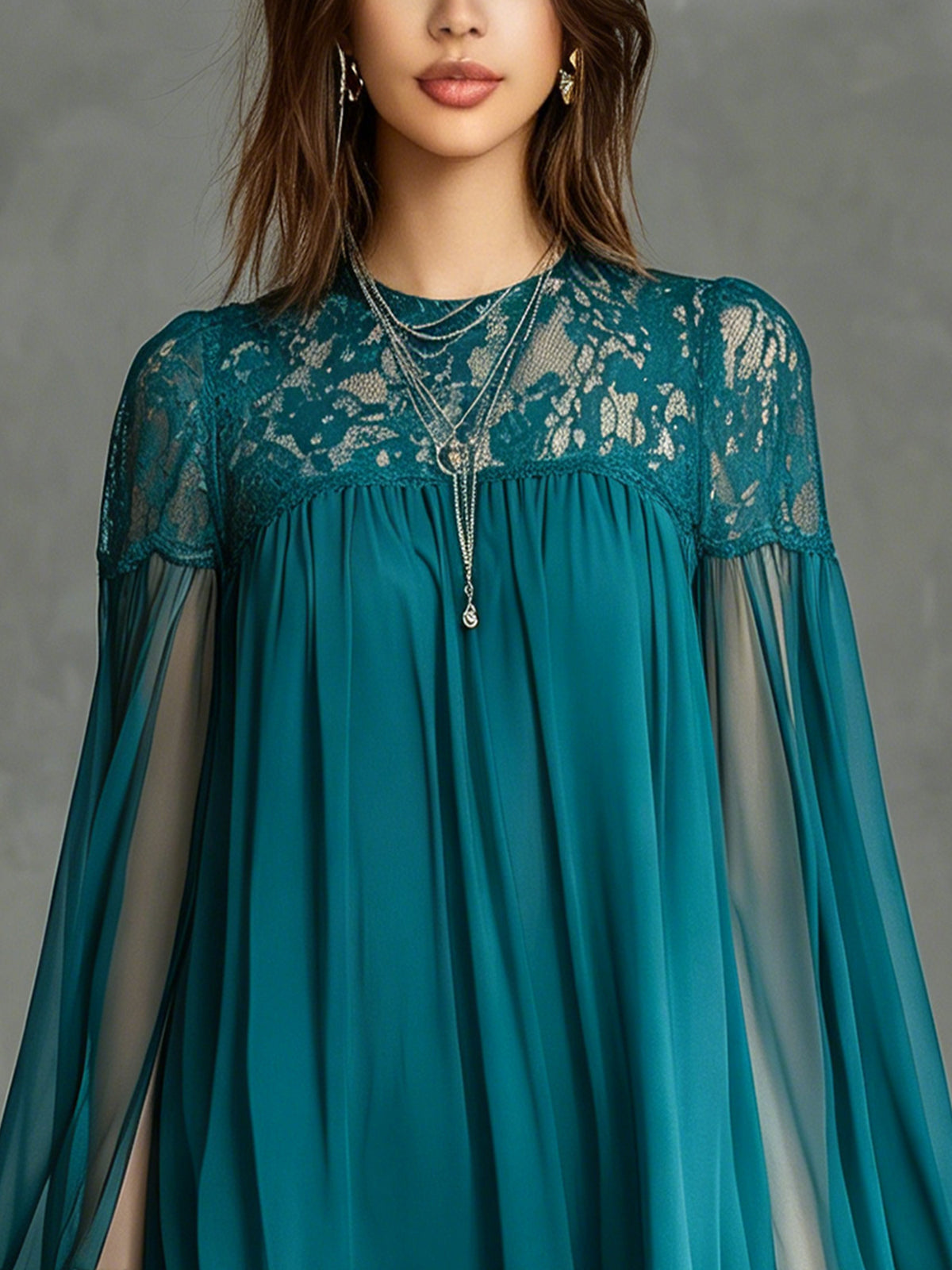 Sheer Lace Blue Chiffon Mini Dress With Flowy Bell Sleeves
