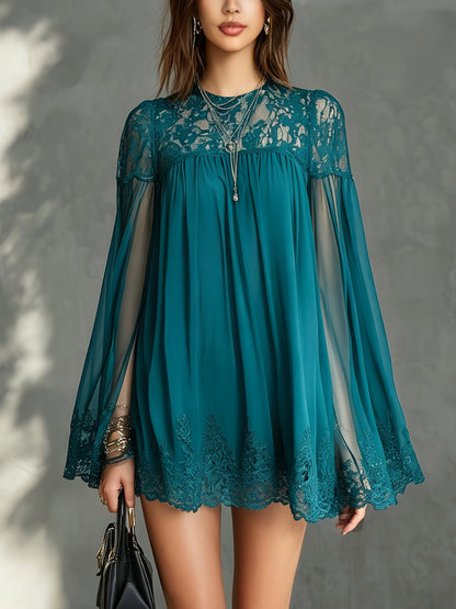 Sheer Lace Blue Chiffon Mini Dress With Flowy Bell Sleeves