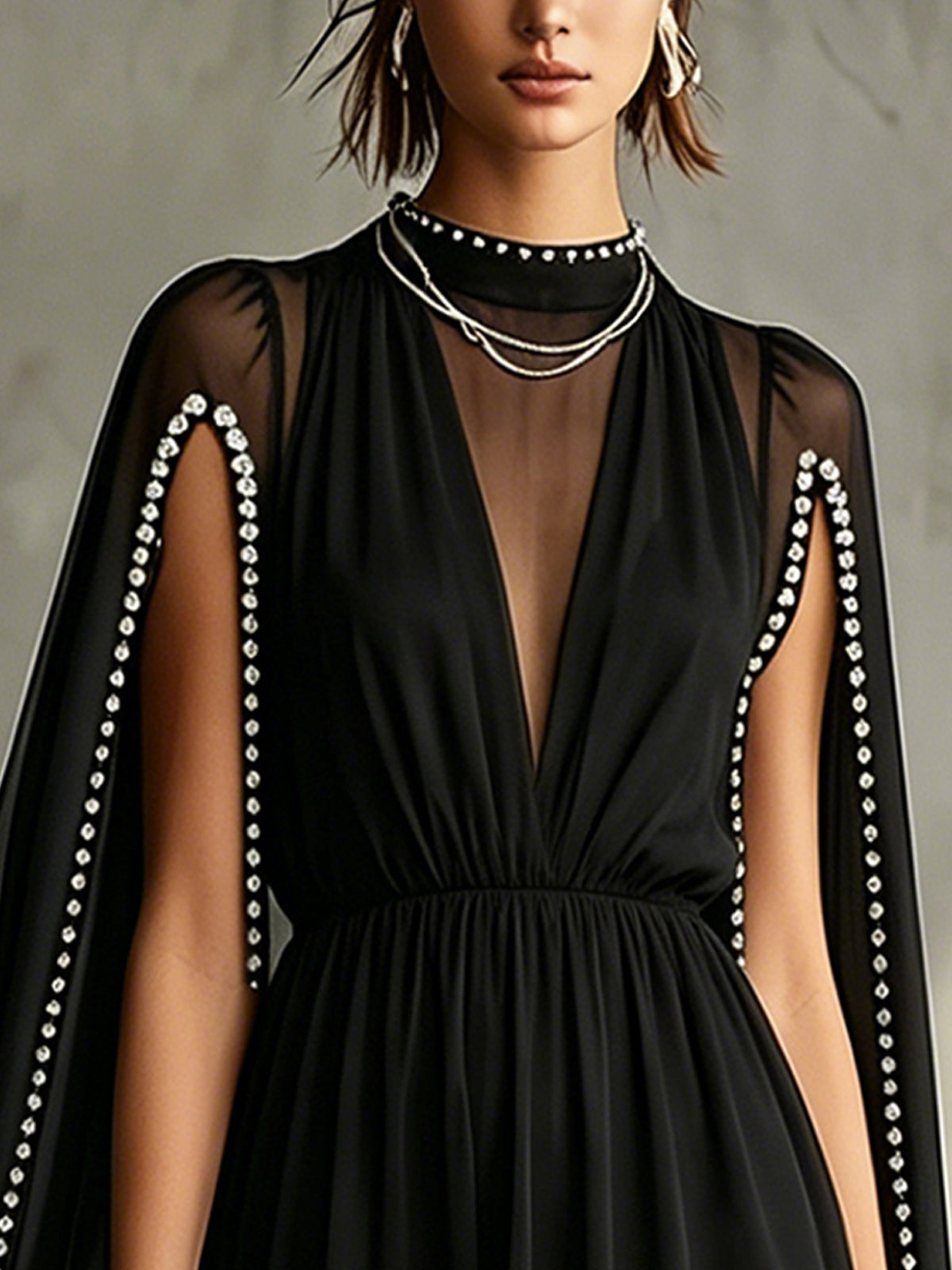 Black Chiffon Mini Dress With Pearl-Trimmed Cape Sleeves