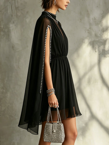 Black Chiffon Mini Dress With Pearl-Trimmed Cape Sleeves