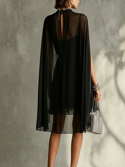 Black Chiffon Mini Dress With Pearl-Trimmed Cape Sleeves