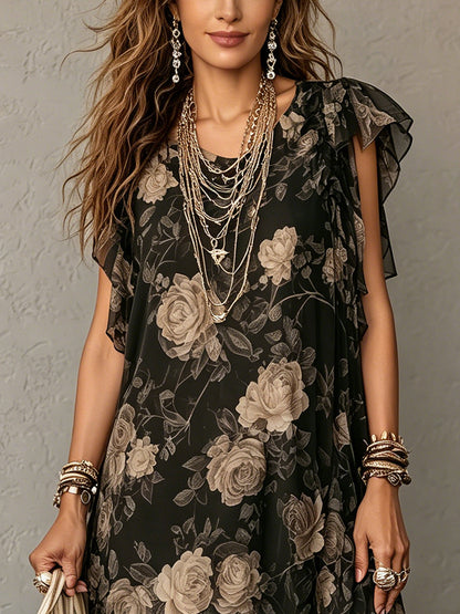 Floral Print Ruffle Sleeve Asymmetric Hem Chiffon Midi Dress