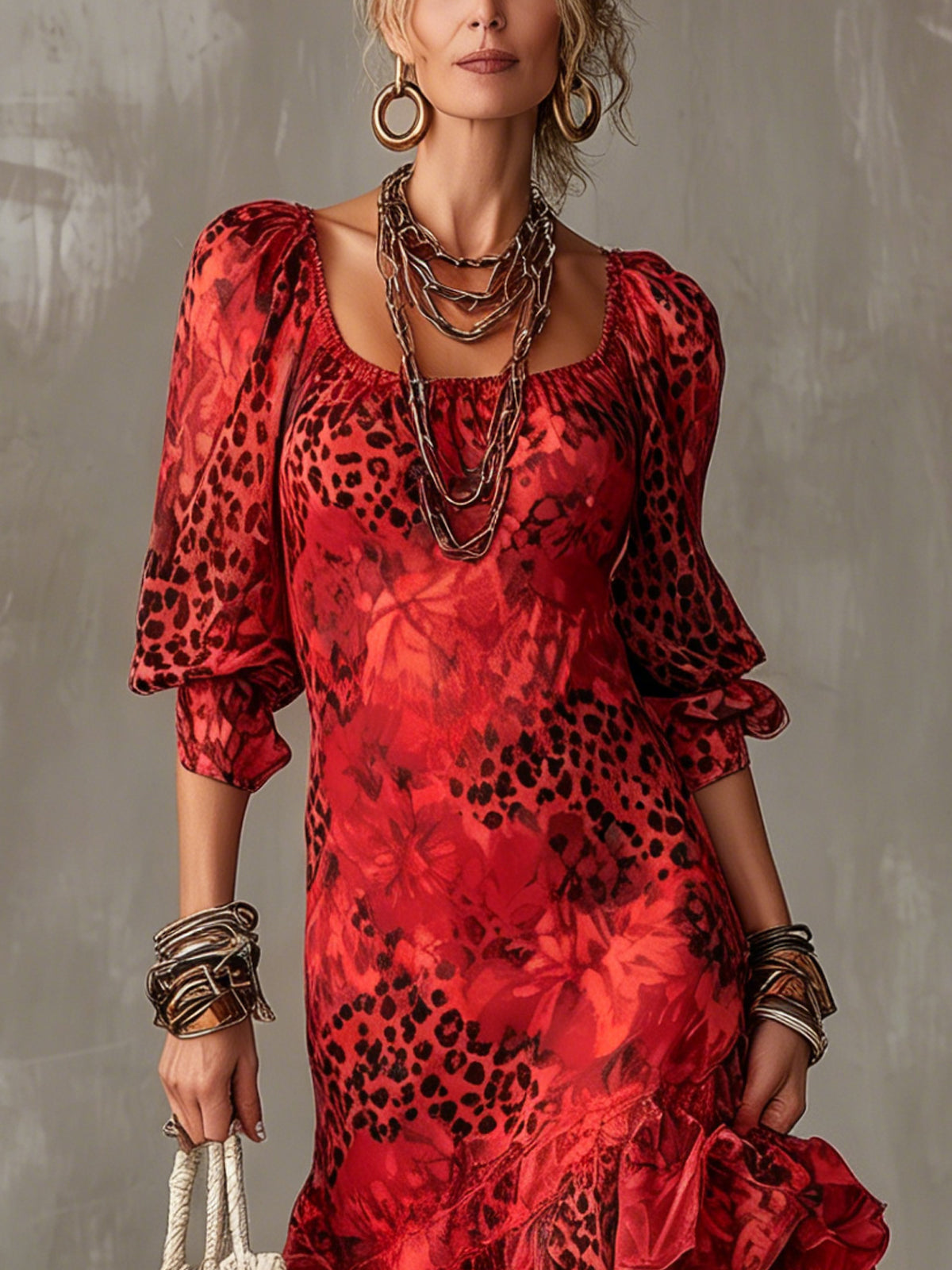 Red Floral And Leopard Print Puff Sleeve Ruffle Hem Midi Dress