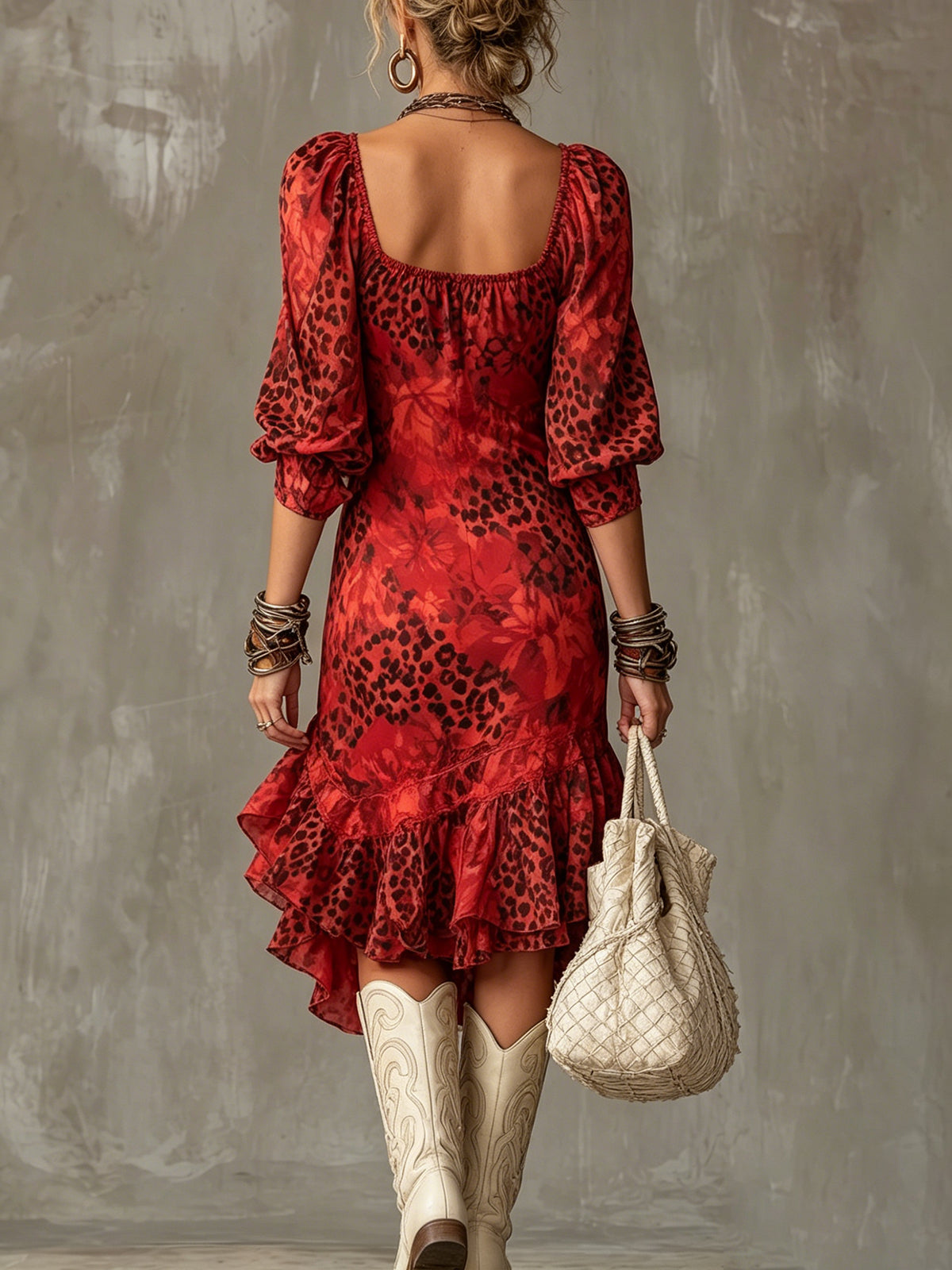 Red Floral And Leopard Print Puff Sleeve Ruffle Hem Midi Dress