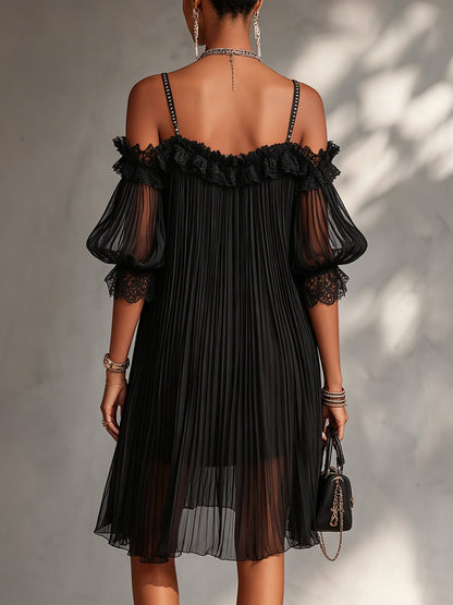 Off-Shoulder Pleated Black Chiffon Mini Dress With Lace Trim