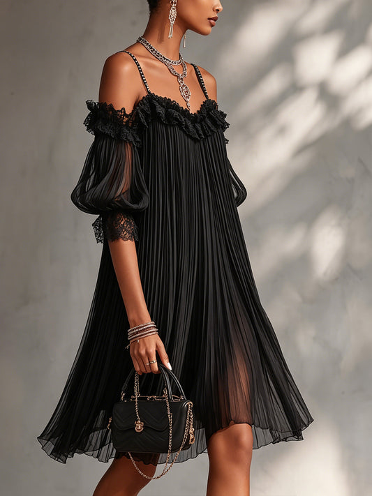 Off-Shoulder Pleated Black Chiffon Mini Dress With Lace Trim
