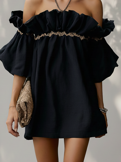 Black Off Shoulder Cotton Linen Mini Dress With Ribbon Patchwork