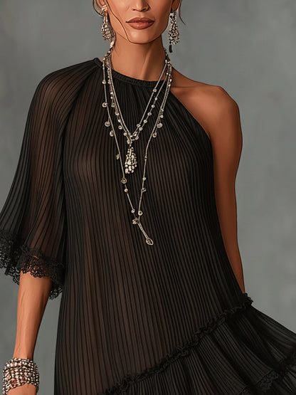 One-Shoulder Pleated Black Chiffon Mini Dress With Lace Trim