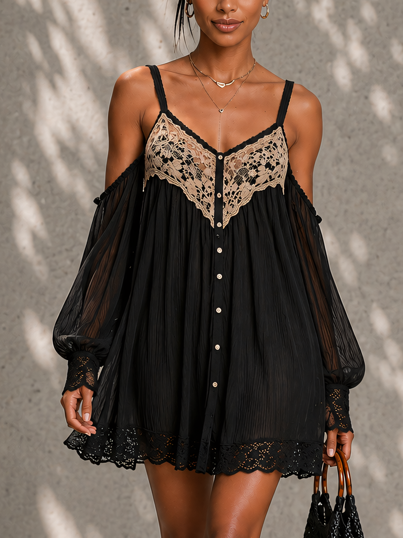 Black Lace Patchwork Textured Chiffon Mini Dress
