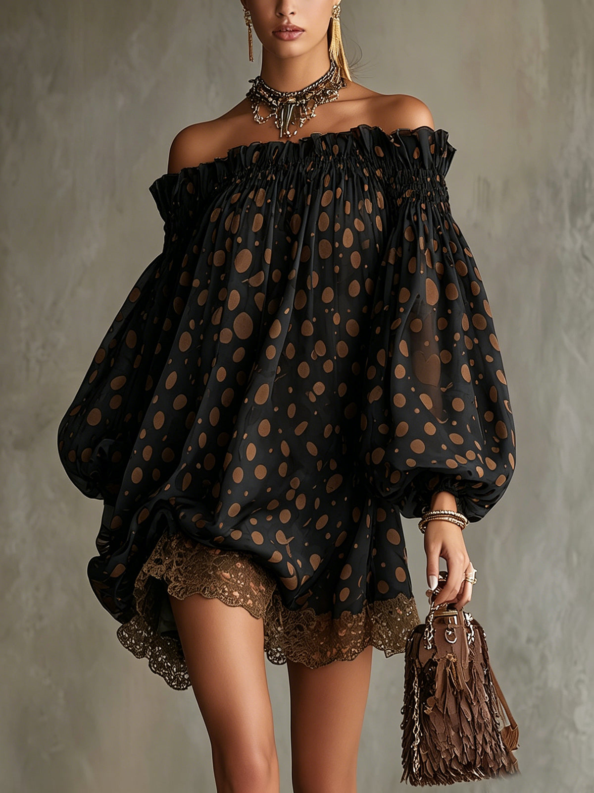 Olive Polka Dot Off-Shoulder Sheer Balloon-Sleeve Lace Hem Mini Dress