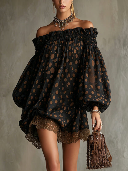 Olive Polka Dot Off-Shoulder Sheer Balloon-Sleeve Lace Hem Mini Dress