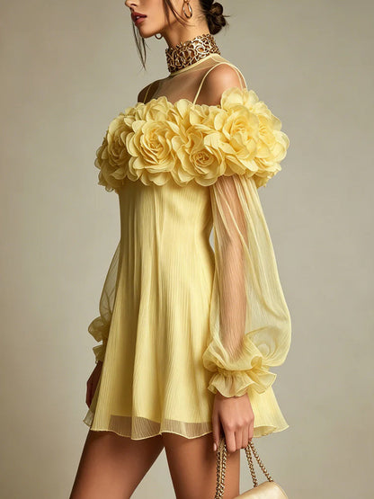 Yellow 3D Floral Pleated Chiffon Mini Dress