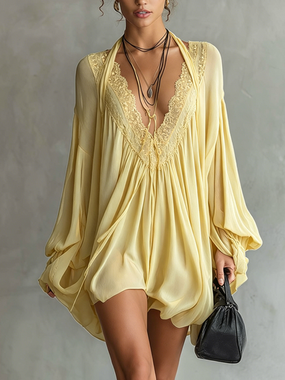 Black Chiffon Halter Mini Dress With Lace Neckline