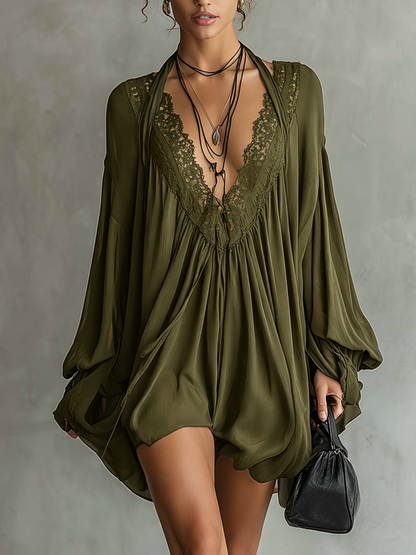 Black Chiffon Halter Mini Dress With Lace Neckline