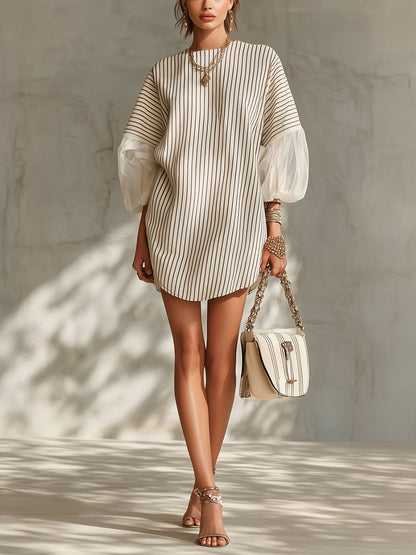 Striped Mini Dress With Sheer Balloon Sleeves