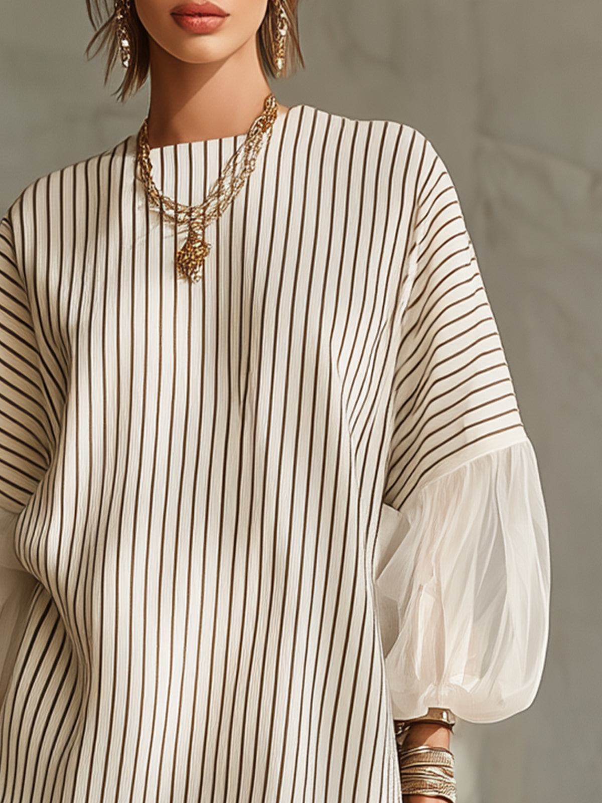 Striped Mini Dress With Sheer Balloon Sleeves