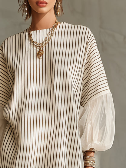 Striped Mini Dress With Sheer Balloon Sleeves