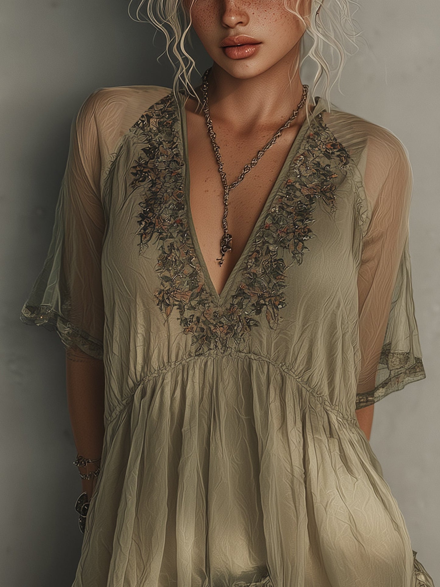Green  Ruched Chiffon Embroidery Mini Dress