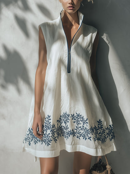 Ivory Linen Sleeveless Embroidered Zip Mini Dress