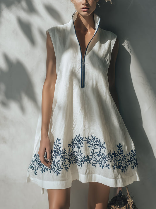 Ivory Linen Sleeveless Embroidered Zip Mini Dress
