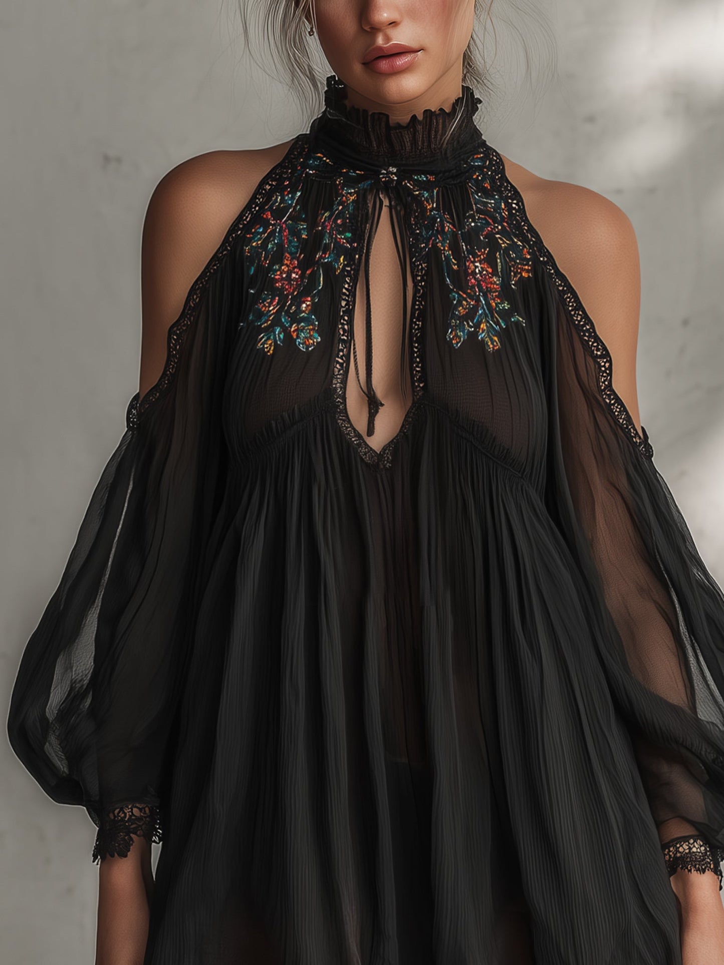 Romantic Black Chiffon Embroidered Mini Dress