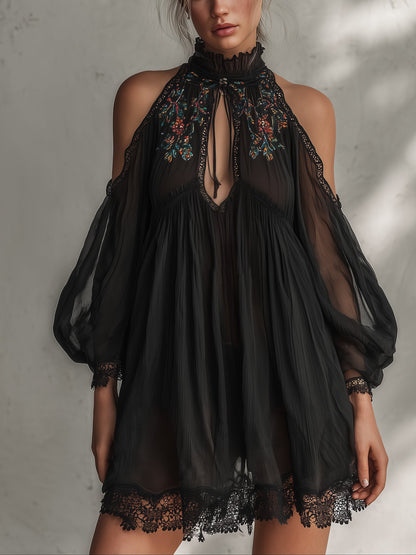 Romantic Black Chiffon Embroidered Mini Dress