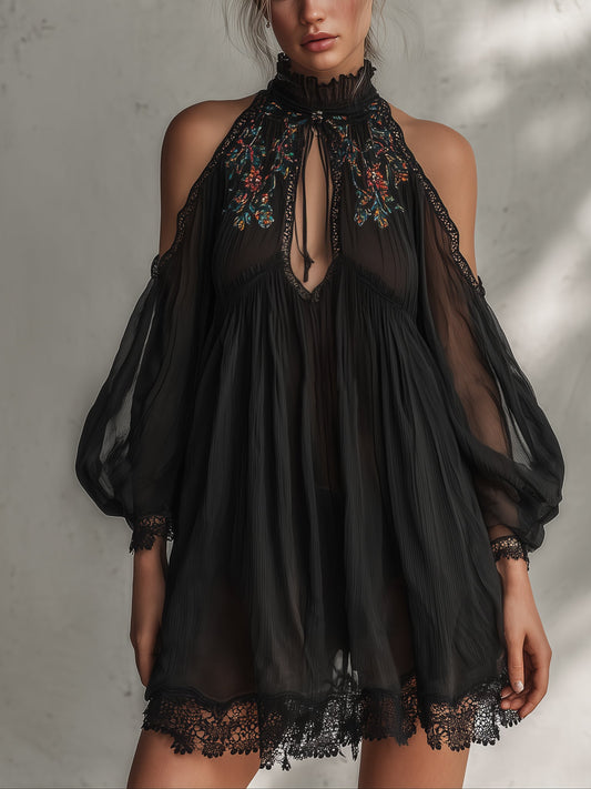 Romantic Black Chiffon Embroidered Mini Dress
